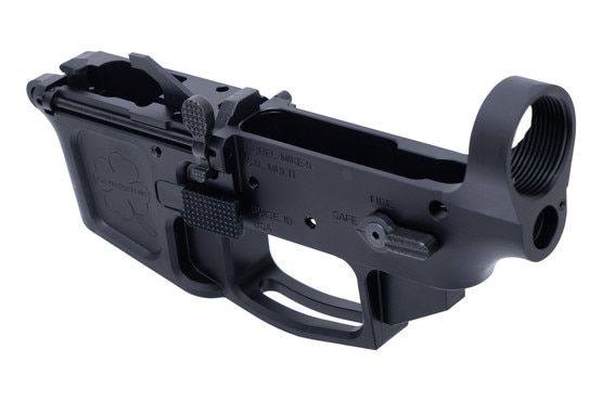 FM Products MIKE-9 AR-9 Stripped Lower has a black anodized finish